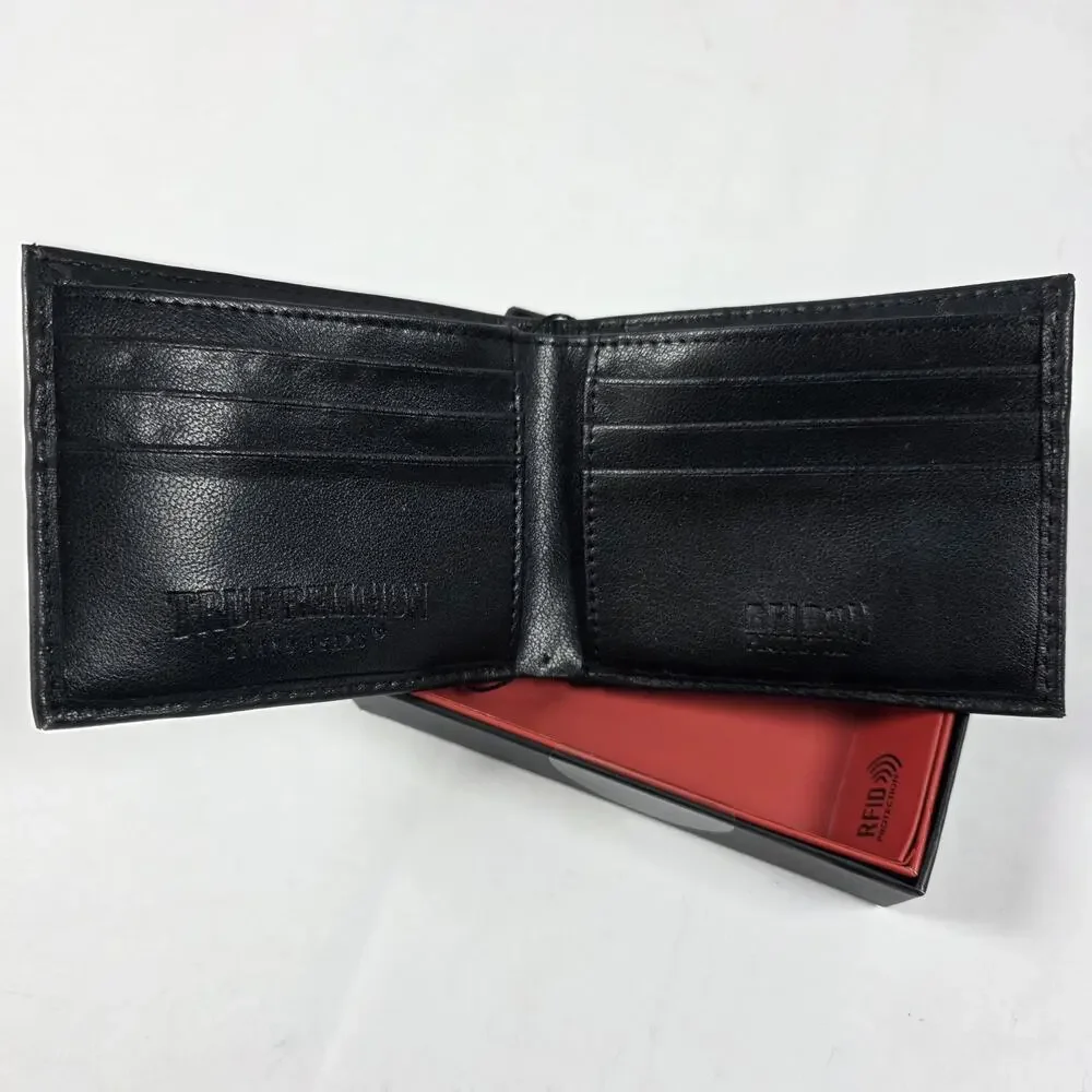 TRUE RELIGION Black Leather Bifold Wallet Tan Logo Boxed RFID Gift for Men NWT